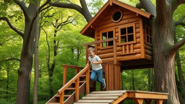 Wooden treehouse playground, child having fun, Toledo
