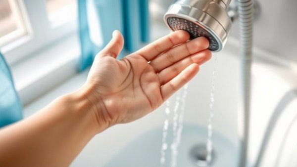 Hand checks shower water in bright bathroom, eczema bathing frequency.