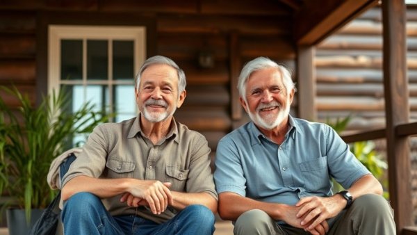 Two men enjoying a peaceful moment on a porch, discussing a 50-year mortgage plan.