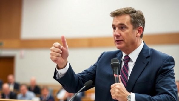 Man speaking with thumbs-up gesture in a formal setting.