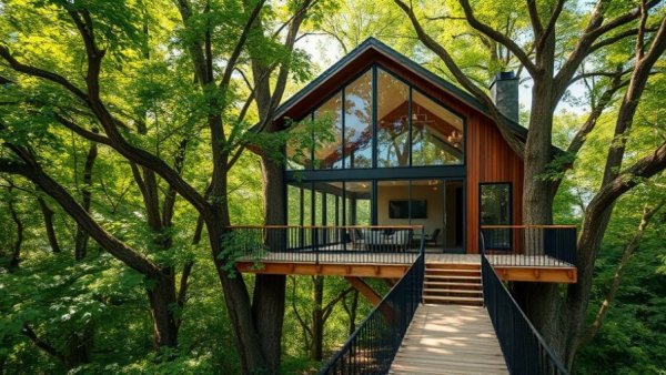 Modern Dublin estate treehouse nestled in lush greenery, perfect for entertaining.