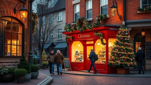German Village Lights Columbus scene with festive red shop and holiday lights.