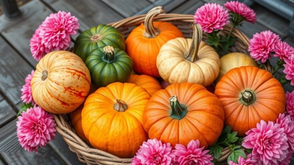 Festive pumpkins and flowers at Thanksgiving event in Columbus.