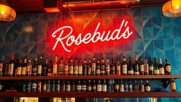 Rosebud's restaurant comeback bar with neon sign and vintage decor.
