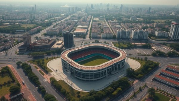 Aerial view of Cooper Stadium and urban landscape under hazy light.