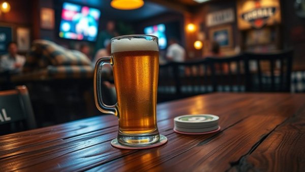 Cozy sports bar table with beer and branded coasters.