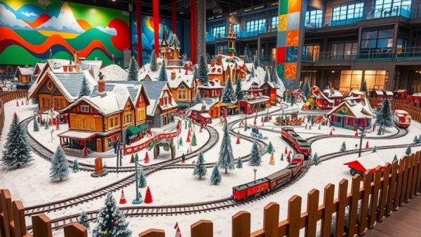 Intricate holiday train display in Columbus Ohio indoor setting.