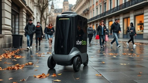 Uber Eats Starship robot delivering on a wet autumn day.