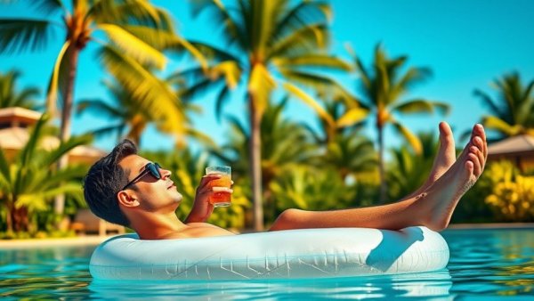 Man relaxing in pool, drink in hand, tropical setting