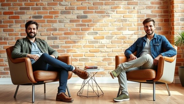 Young men in modern chairs against brick wall, AI Preventing Industrial Accidents.
