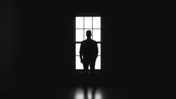 Silhouette contemplating through window in dark room, ChatGPT influence on mental health.