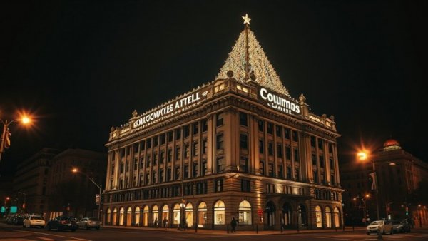 Vintage Christmas lights on building in Columbus at night