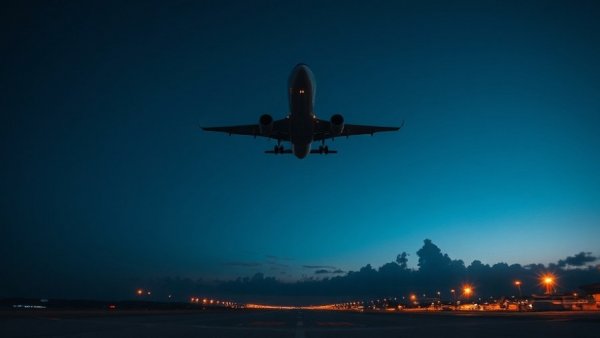 Airplane landing at dusk with airport lights on, highlighting Airbus software safety.