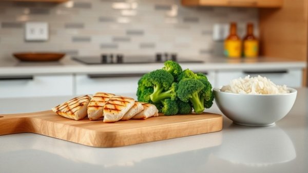 Grilled chicken with broccoli and rice in a modern kitchen.