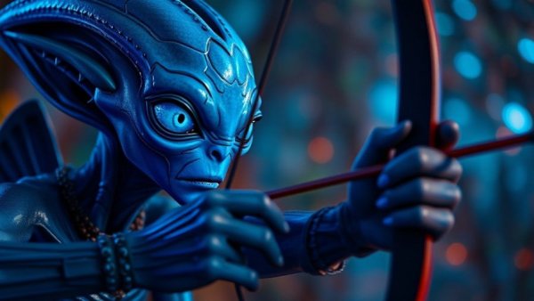 Vivid blue alien with fierce expression drawing bowstring, cinematic.