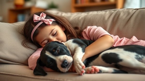 Holiday Sleepover at Franklin County Dog Shelter, girl and dog snuggled on couch.