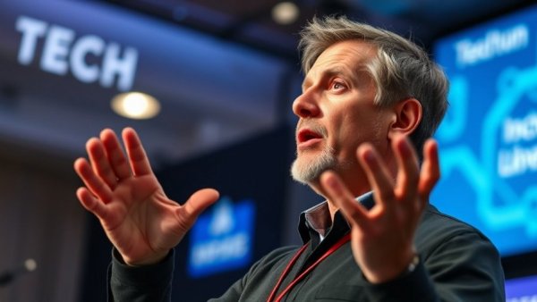 Middle-aged man at tech conference discussing Apple AI chief appointment.