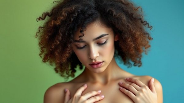 Young woman performing a self-exam, raising awareness on incidence of breast cancer in younger women.