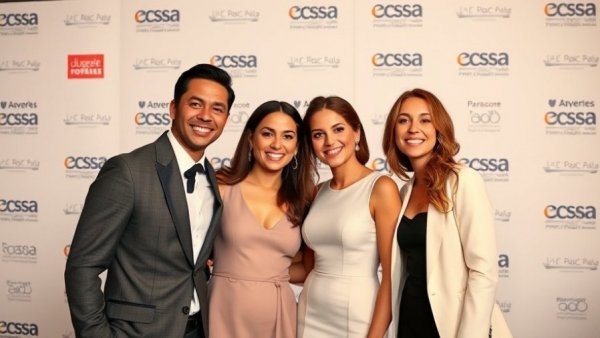 EY Entrepreneur of the Year award event, people in elegant attire posing against branded backdrop.