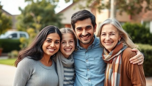 Family standing happily outside their home, showcasing housing affordability.