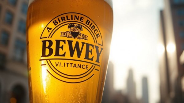 Close-up vintage brewery beer glass with cityscape, sunlight illuminating