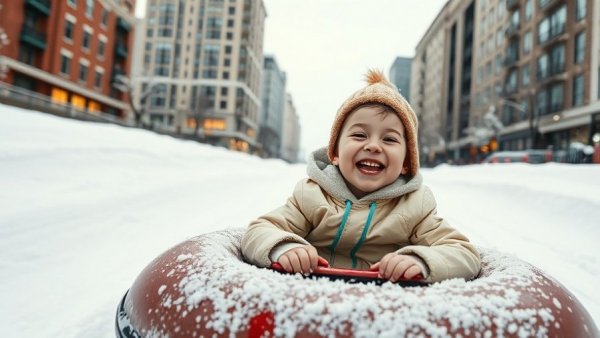Child enjoying snow tubing in Columbus on a snowy day; includes cityscape.