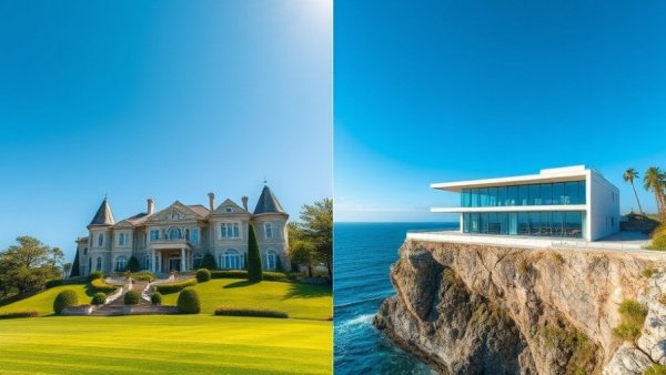 Big lot vs great views: mansion on green lawn and oceanfront house.