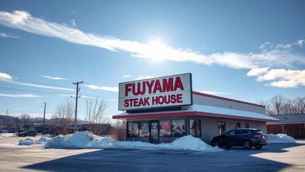 Fujiyama Steak House sign, snowy parking lot, closure news.