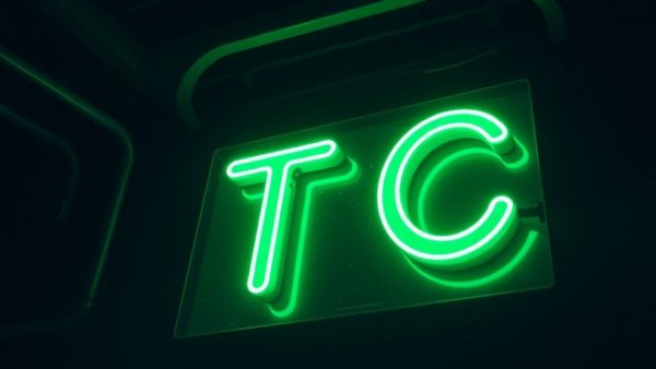 Futuristic green neon 'TC' sign, dark room ambiance.