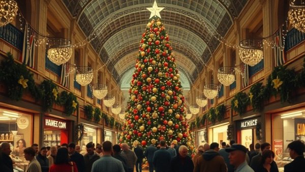 Holiday nostalgia at City Center Mall with a vintage decorated tree and shoppers.