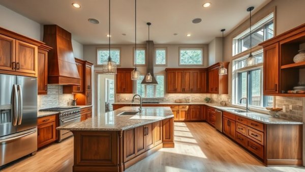 Woodland Park luxury home listing kitchen with island and wooden cabinets.