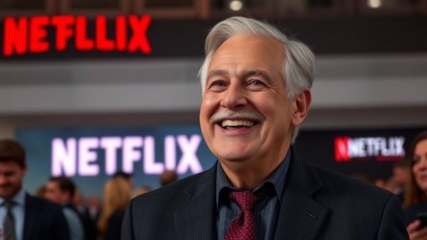 Smiling man at Netflix event for Warner Bros deal analysis.