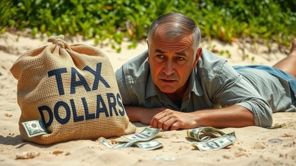 Middle-aged man with 'Tax Dollars' bag on beach, reflecting tax impacts.