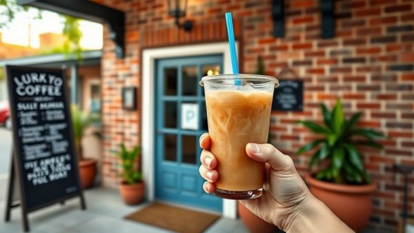 Person holds iced coffee outside a charming brick coffee shop in Westerville.