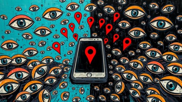 Abstract art of surveillance and smartphone with location pins, FTC stalkerware ban.