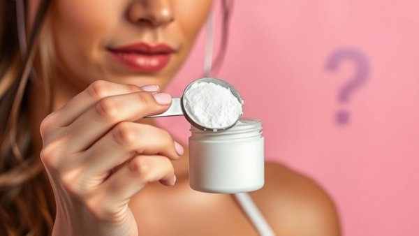 Creatine scoop held by woman over container, pink background.