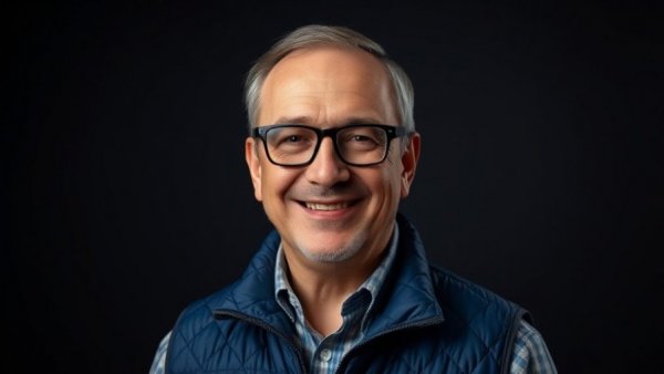Middle-aged man in blue vest smiling confidently, AI cloud infrastructure background.