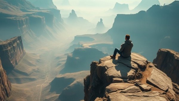 Solitary man contemplating on a cliff, symbolizing overcoming financial hopelessness.