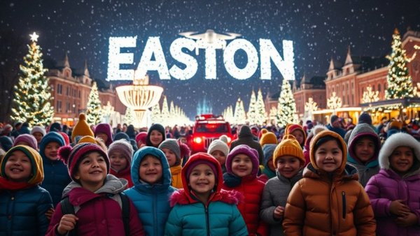 Children watching Easton Holiday Drone Show in snowfall.