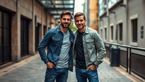 Two men posing confidently in urban setting, bird monitoring AI software.