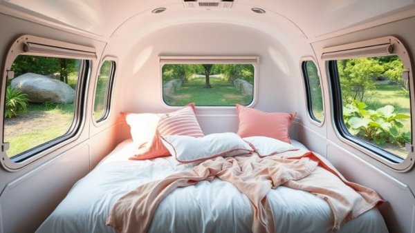 Cozy Airstream interior with white and pink bedding, Hocking Hills Airstream Glamping.