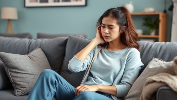 Woman experiencing discomfort related to IBS and menstrual cycles on couch.