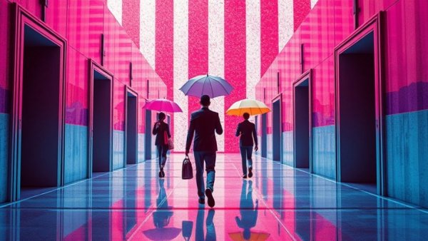 Abstract illustration of tech layoffs in 2025 with colorful figures.