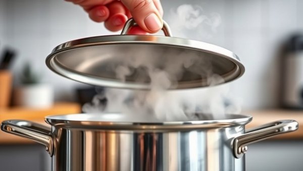 Steaming pot of soup in a kitchen, hand lifting lid.