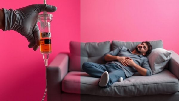 Complications of gastroenteritis depicted with IV drip and stomach pain.