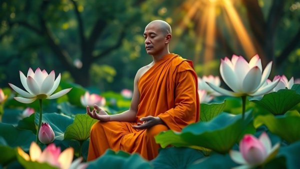 Serene monk meditating amid lotus flowers, image for financial independence concept.