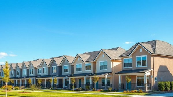Modern housing development Lancaster under blue sky.