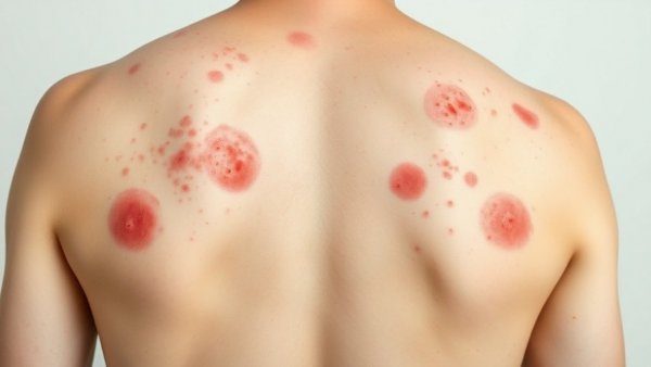 Adult with chickenpox rash on back, showing numerous red spots.