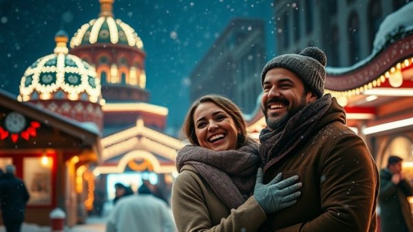 Couple enjoying winter festival in Columbus 2026 snowfall