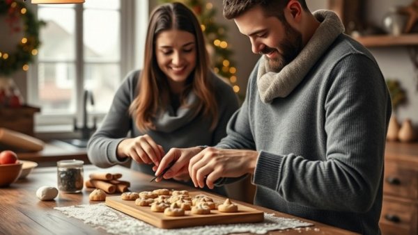 Hallmark-inspired holiday dates in Columbus, couple baking cookies.